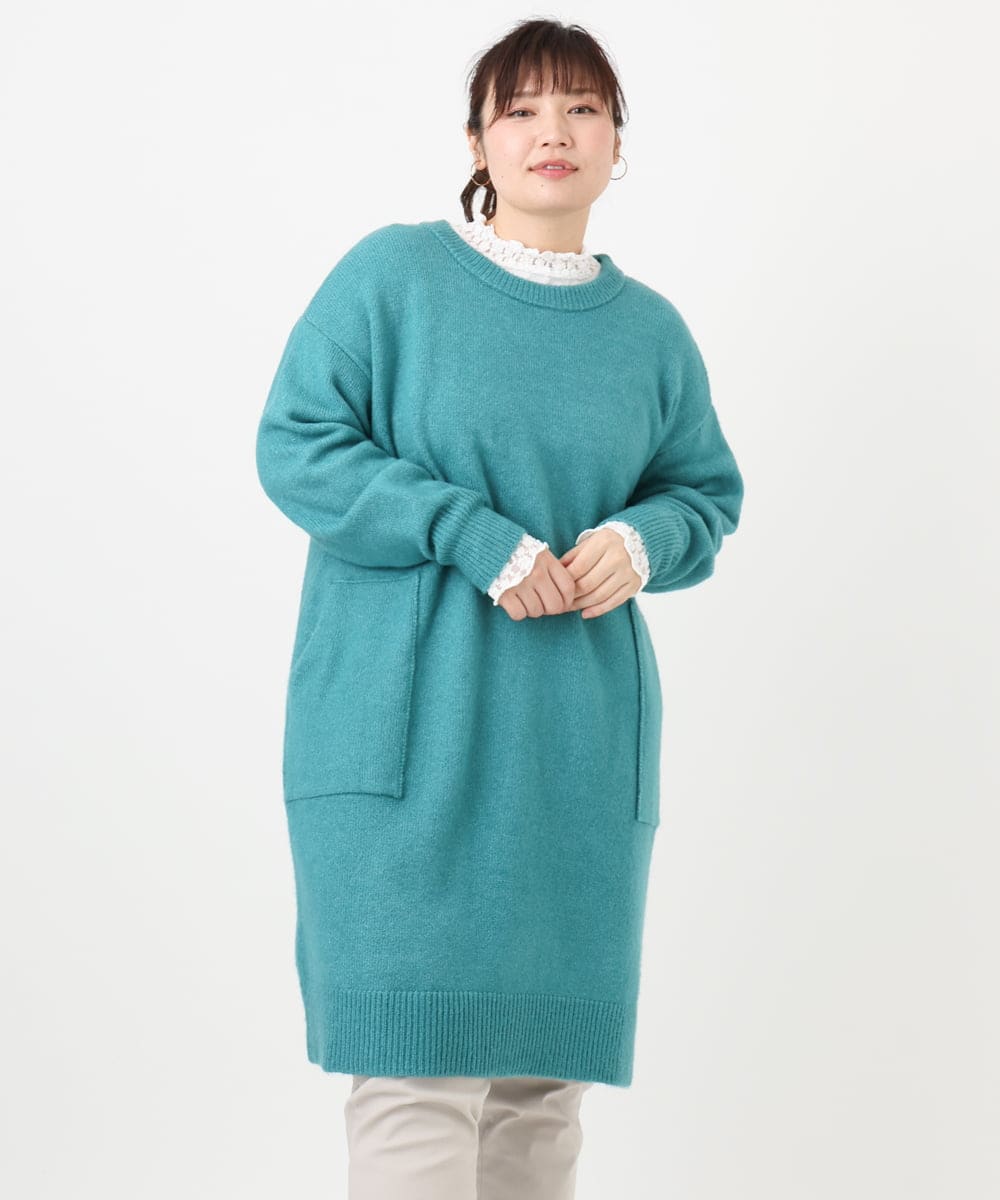 OLEAD22119 eur3(エウルキューブ) 【大きいサイズ/LAVEANGE×eur3】アンゴラタッチニットチュニックワンピース グリーン(35)