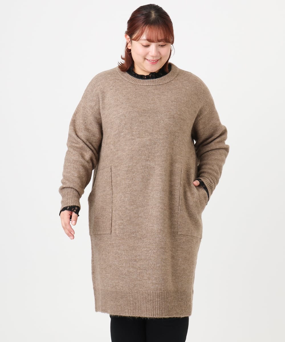 OLEAD22119 eur3(エウルキューブ) 【大きいサイズ/LAVEANGE×eur3】アンゴラタッチニットチュニックワンピース モカ(84)