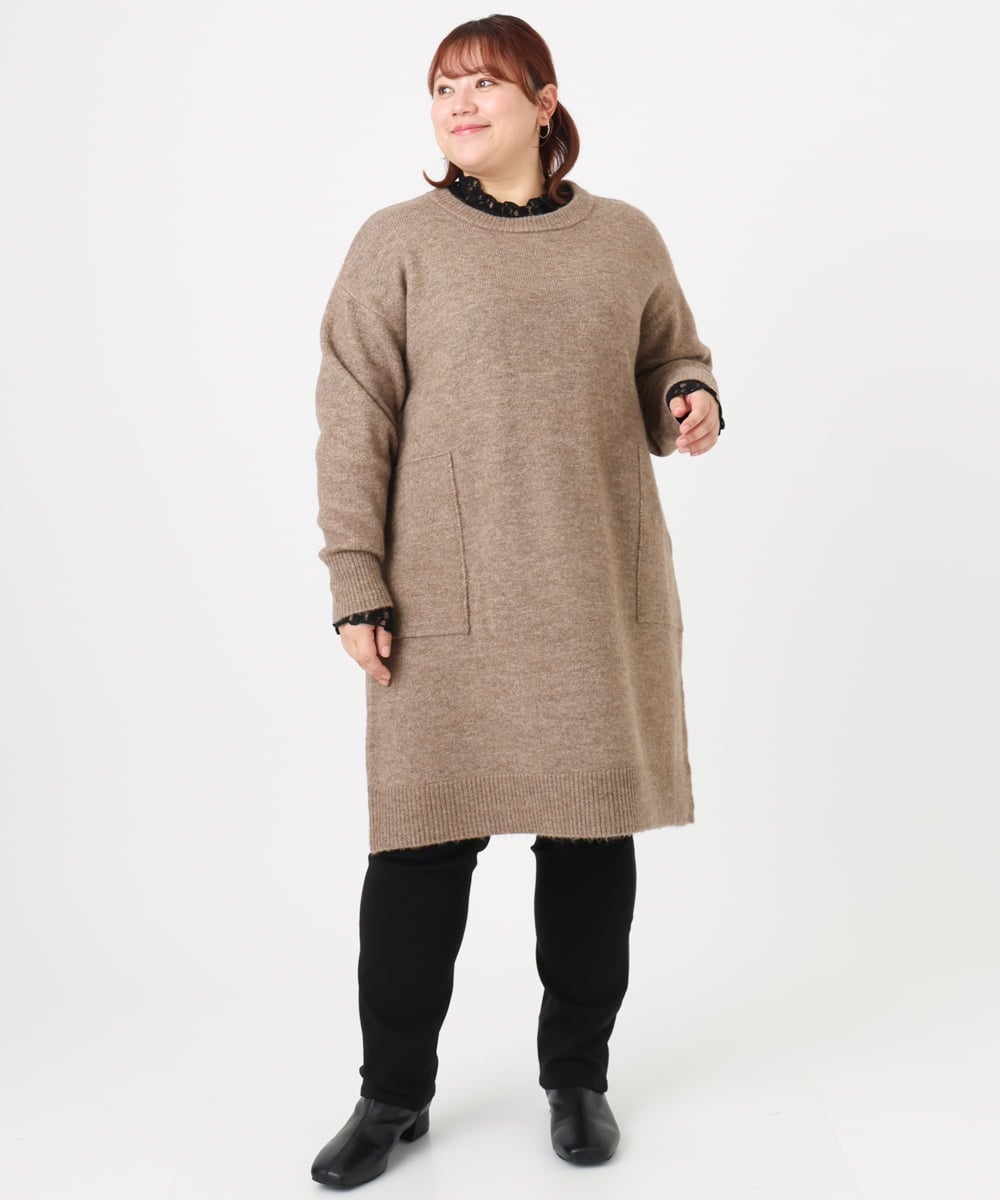 OLEAD22119 eur3(エウルキューブ) 【大きいサイズ/LAVEANGE×eur3】アンゴラタッチニットチュニックワンピース モカ(84)