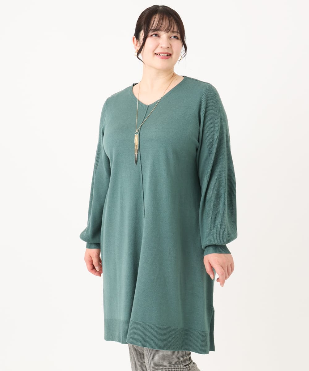 OLEBA27089 eur3(エウルキューブ) 【大きいサイズ/洗える】Vネックニットチュニック グリーン(35)