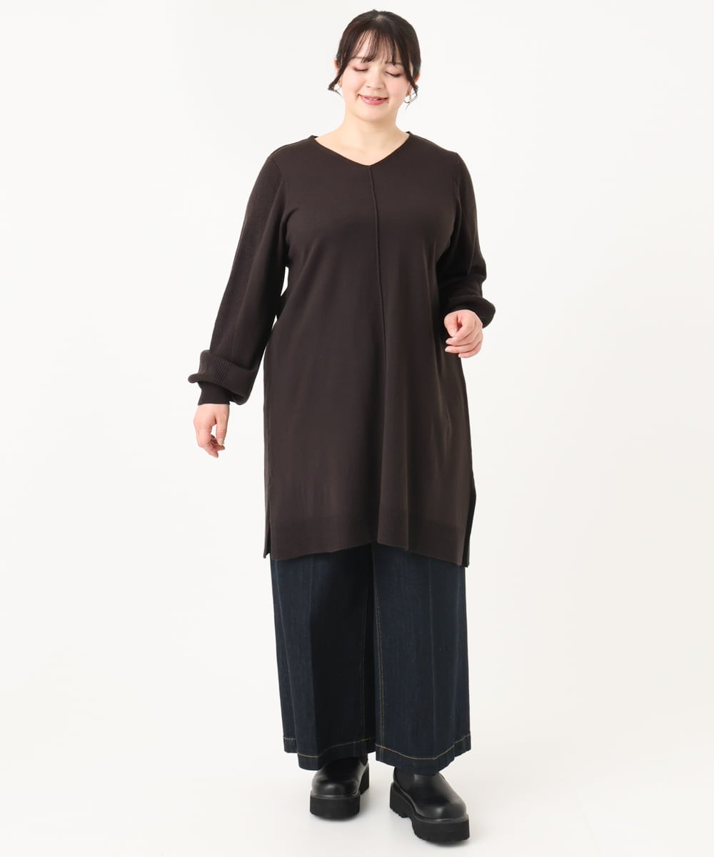 OLEBA27089 eur3(エウルキューブ) 【大きいサイズ/洗える】Vネックニットチュニック ダークグレー(93)
