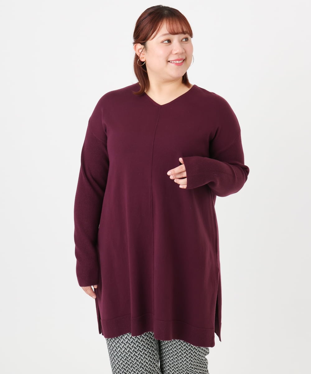 OLEBD17089 eur3(エウルキューブ) 【大きいサイズ】Vネックニットチュニック ワイン(77)