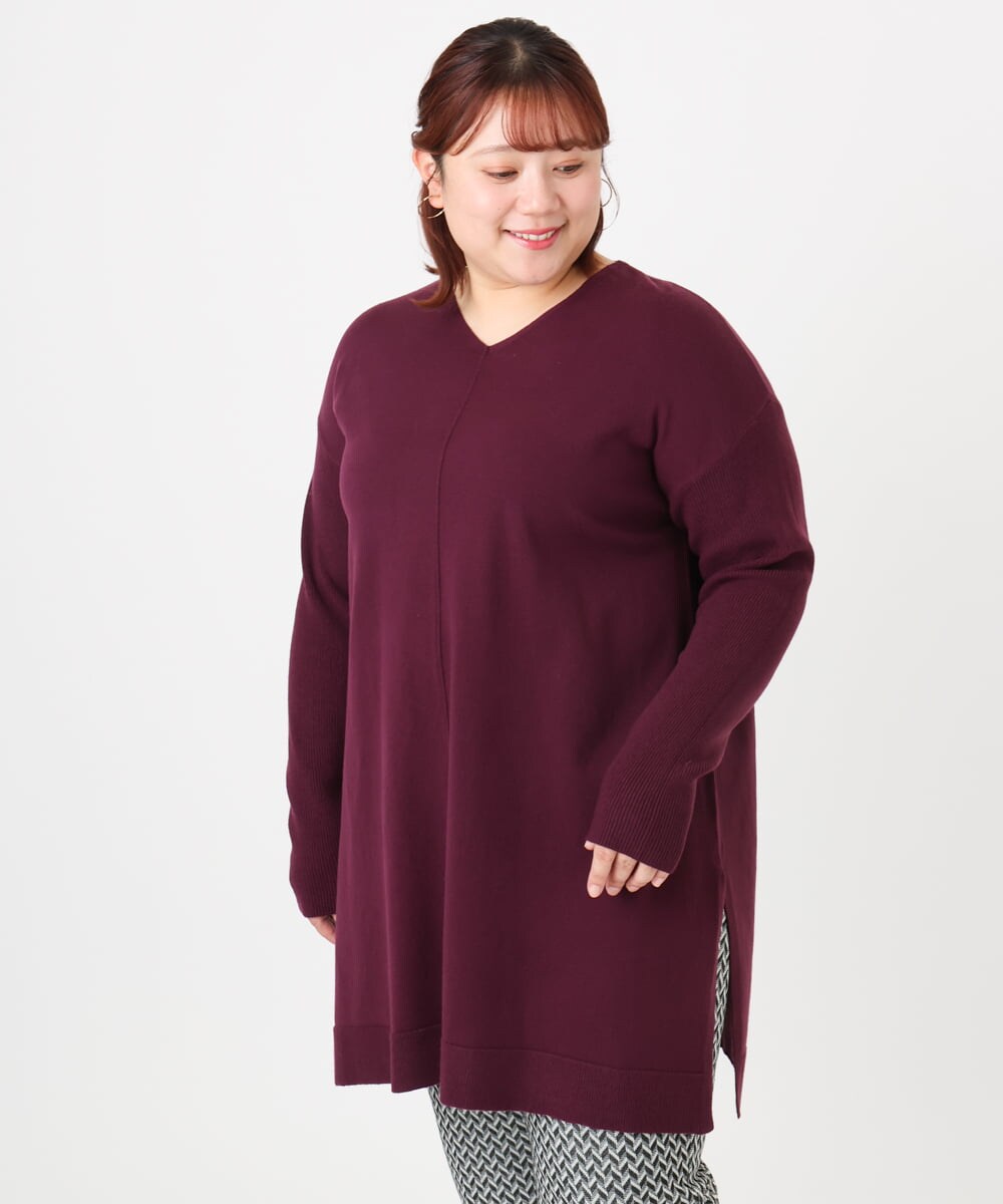 OLEBD17089 eur3(エウルキューブ) 【大きいサイズ】Vネックニットチュニック ワイン(77)