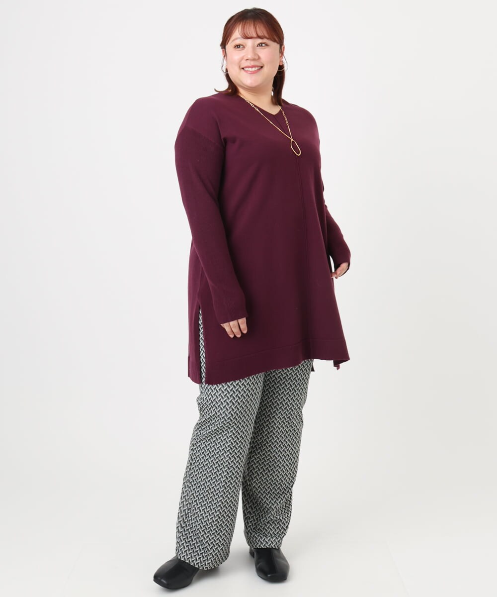 OLEBD17089 eur3(エウルキューブ) 【大きいサイズ】Vネックニットチュニック ワイン(77)