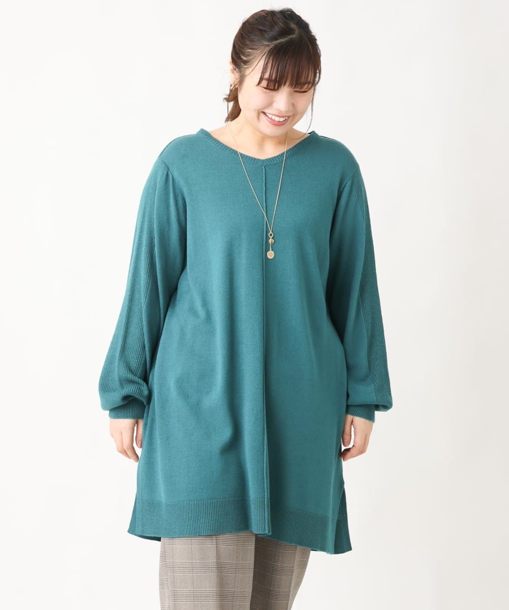 OLEBV24089 eur3(エウルキューブ) 【大きいサイズ】洗えるVネックニットチュニック グリーン(35)