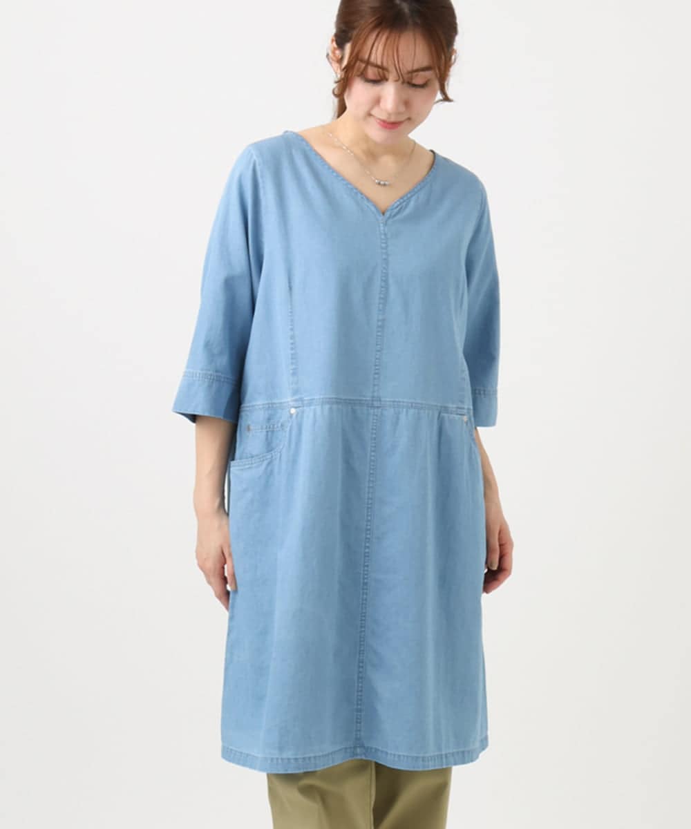 OLEED12099 eur3(エウルキューブ) 【大きいサイズ】Vネックデニムチュニック ライトブルー