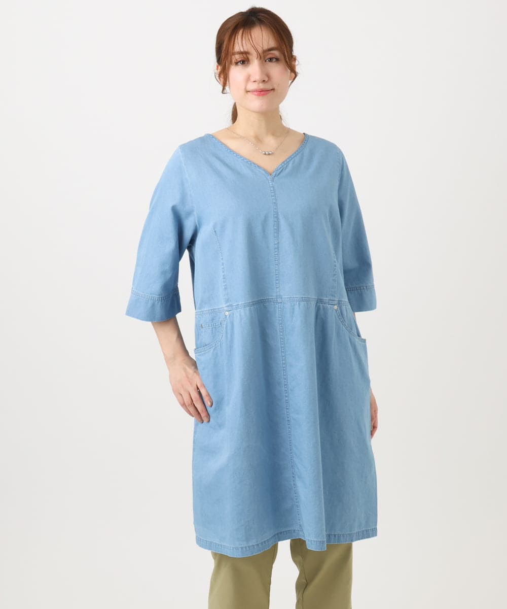 OLEED12099 eur3(エウルキューブ) 【大きいサイズ】Vネックデニムチュニック ライトブルー