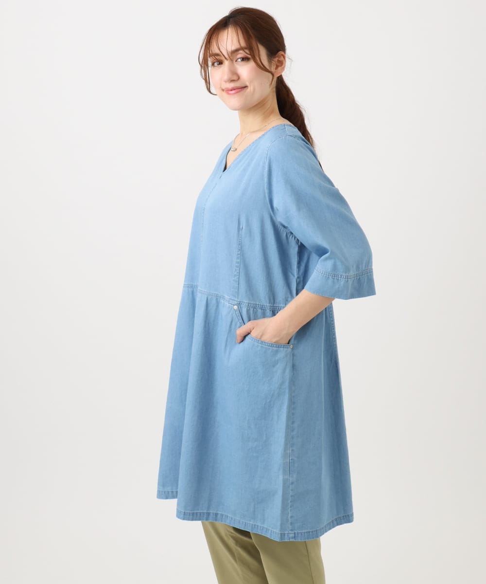 OLEED12099 eur3(エウルキューブ) 【大きいサイズ】Vネックデニムチュニック ライトブルー