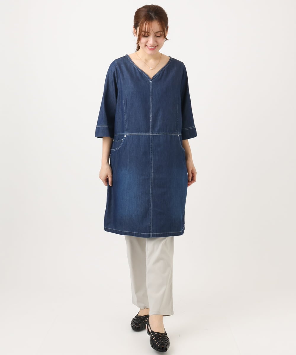 OLEED12099 eur3(エウルキューブ) 【大きいサイズ】Vネックデニムチュニック ネイビー