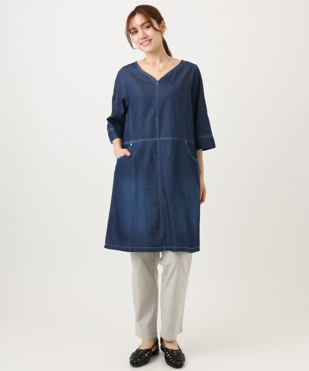 OLEED12099 eur3(エウルキューブ) 【大きいサイズ】Vネックデニムチュニック ネイビー