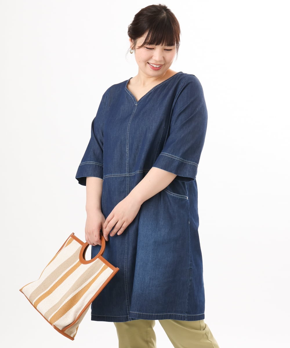 OLEED12099 eur3(エウルキューブ) 【大きいサイズ】Vネックデニムチュニック ネイビー