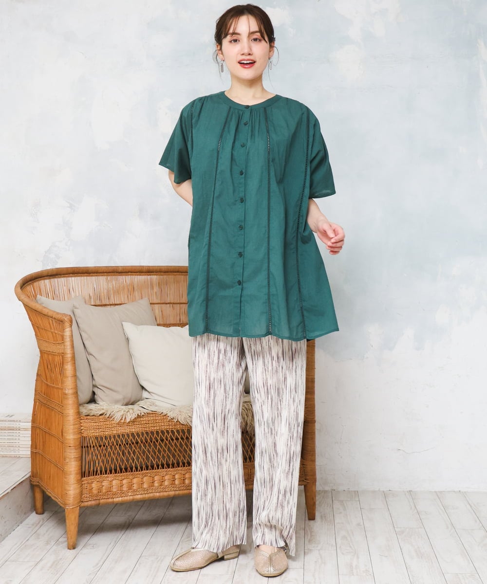 OLEFD02099 eur3(エウルキューブ) 【大きいサイズ】ハシゴレースチュニック グリーン
