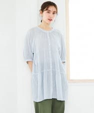 OLEFD03089 eur3(エウルキューブ) 【大きいサイズ】コットンティアードブラウスチュニック ブルー(ストライプ)