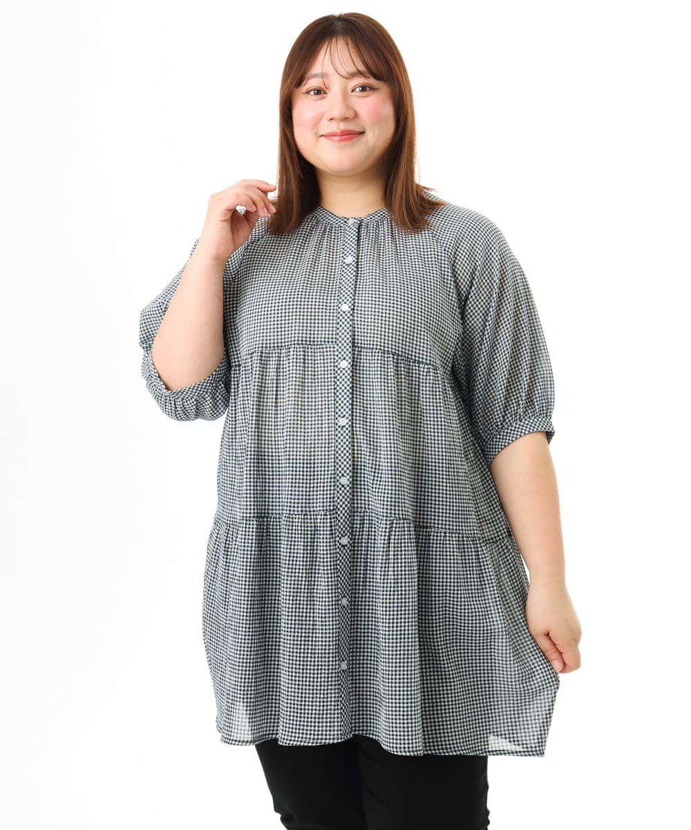 OLEFD03089 eur3(エウルキューブ) 【大きいサイズ】コットンティアードブラウスチュニック ホワイト(ギンガム）