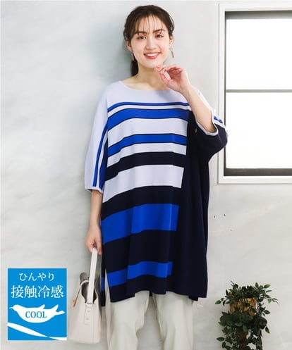 OLEFD13119 eur3 【大きいサイズ/接触冷感】パネルボーダーニットチュニック