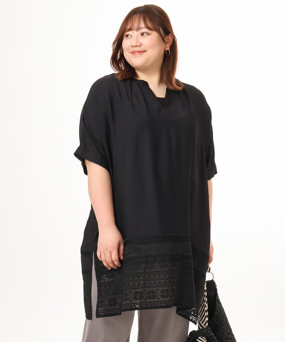 OLEGD17119 eur3(エウルキューブ) 【大きいサイズ】裾レースチュニック ブラック