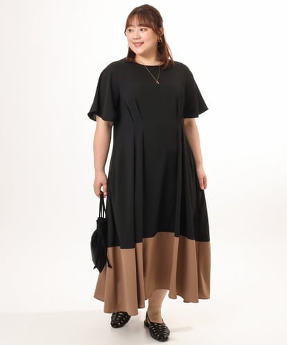 OLEGD23139 eur3 【大きいサイズ】バイカラーフレアスリーブワンピース