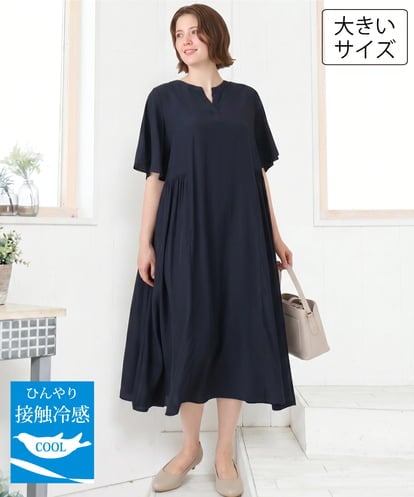 OLEID28169 eur3 【大きいサイズ/接触冷感】バンドカラーギャザーワンピース