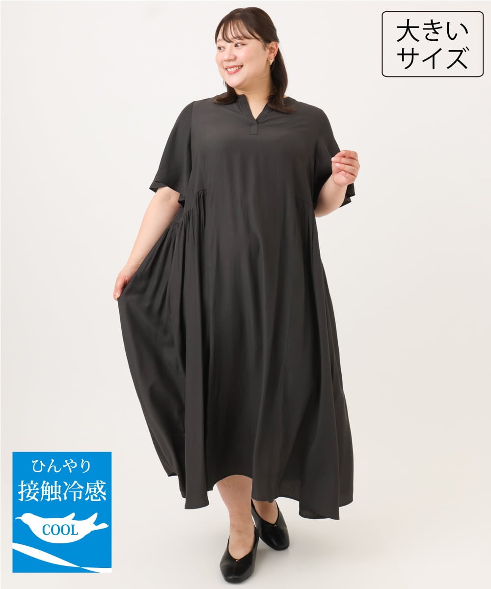 OLEID28169 eur3 【大きいサイズ/接触冷感】バンドカラーギャザーワンピース