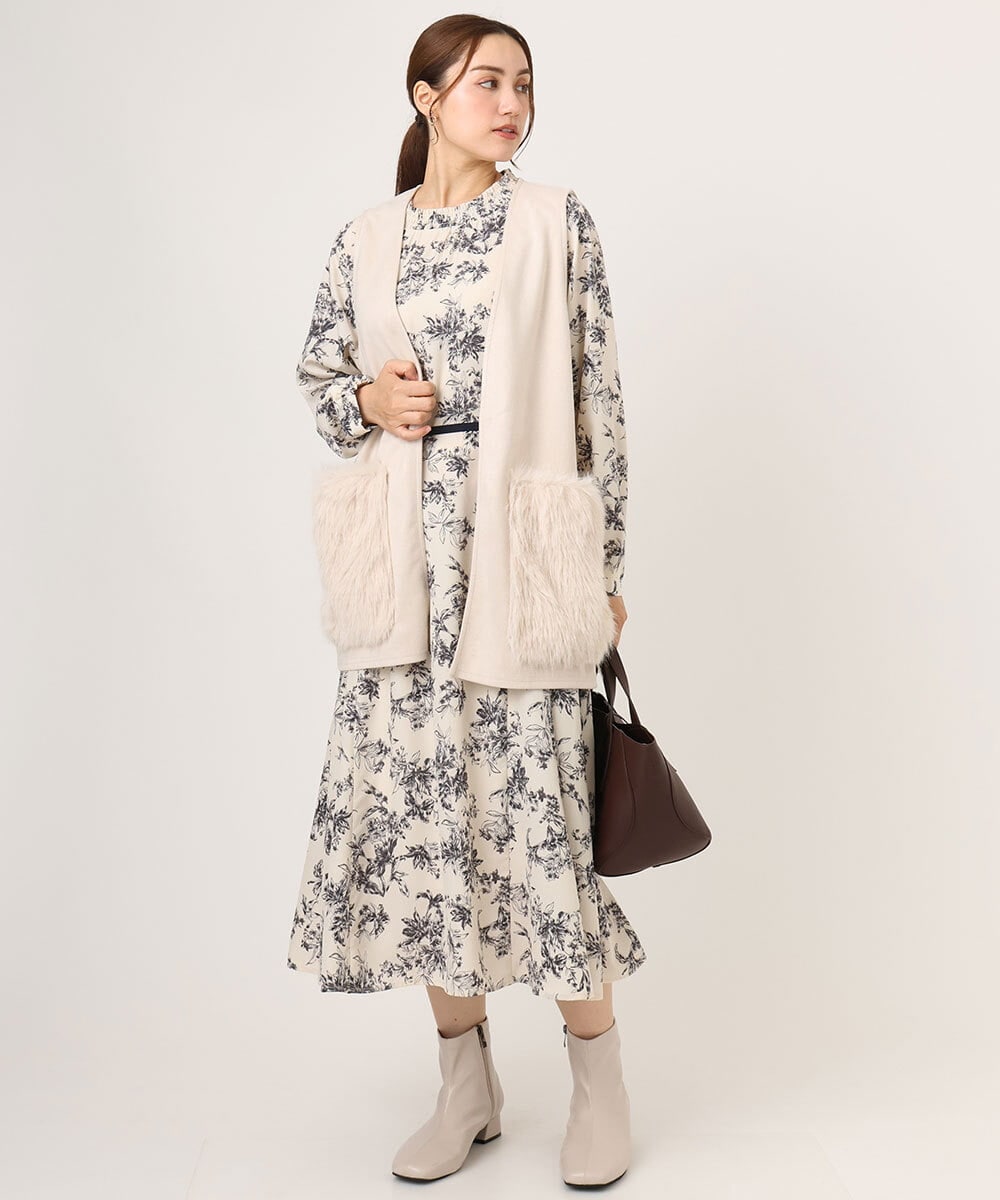 OLELA09139 eur3(エウルキューブ) 【大きいサイズ】プリント花柄ワンピース アイボリー(80)