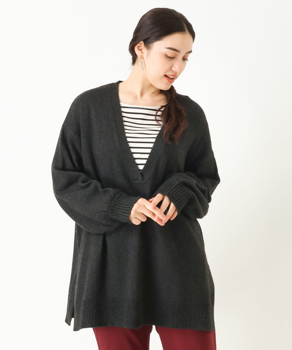 OLELP20090 eur3(エウルキューブ) 【大きいサイズ】深Vネックニットチュニック ブラック(94)(WEB限定カラー)