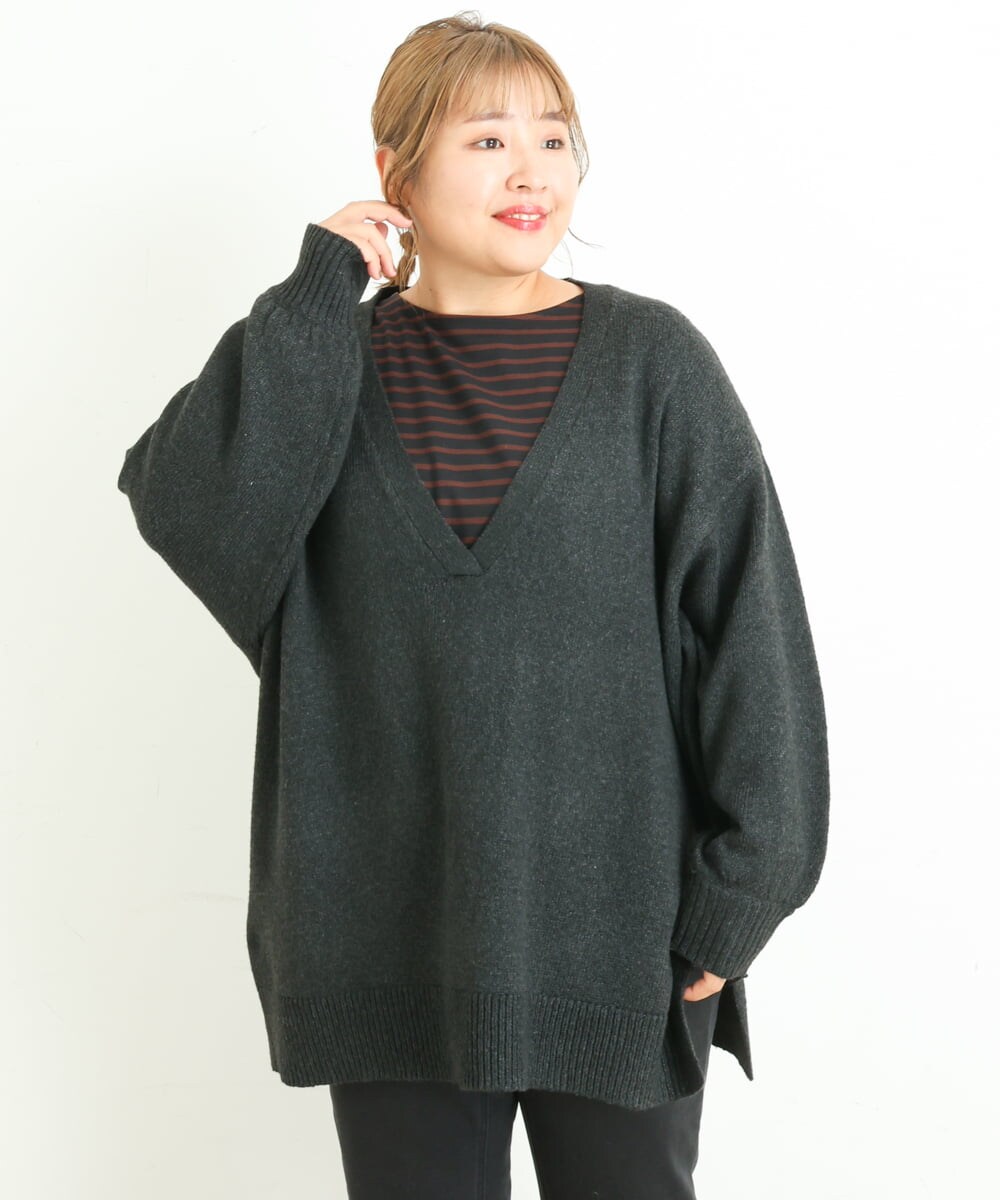 OLELP20090 eur3(エウルキューブ) 【大きいサイズ】深Vネックニットチュニック ブラック(94)(WEB限定カラー)