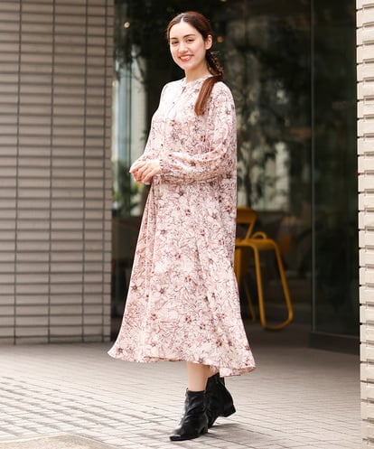 OLELS05139  【雑誌掲載】【大きいサイズ】線画フラワープリントワンピース