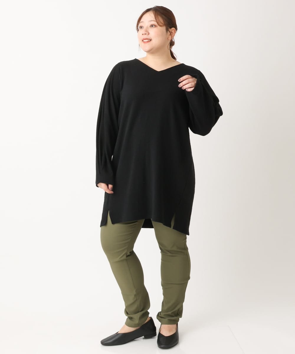 OLELS08079 eur3(エウルキューブ) 【大きいサイズ】Vネックジャージーチュニック ブラック(94)