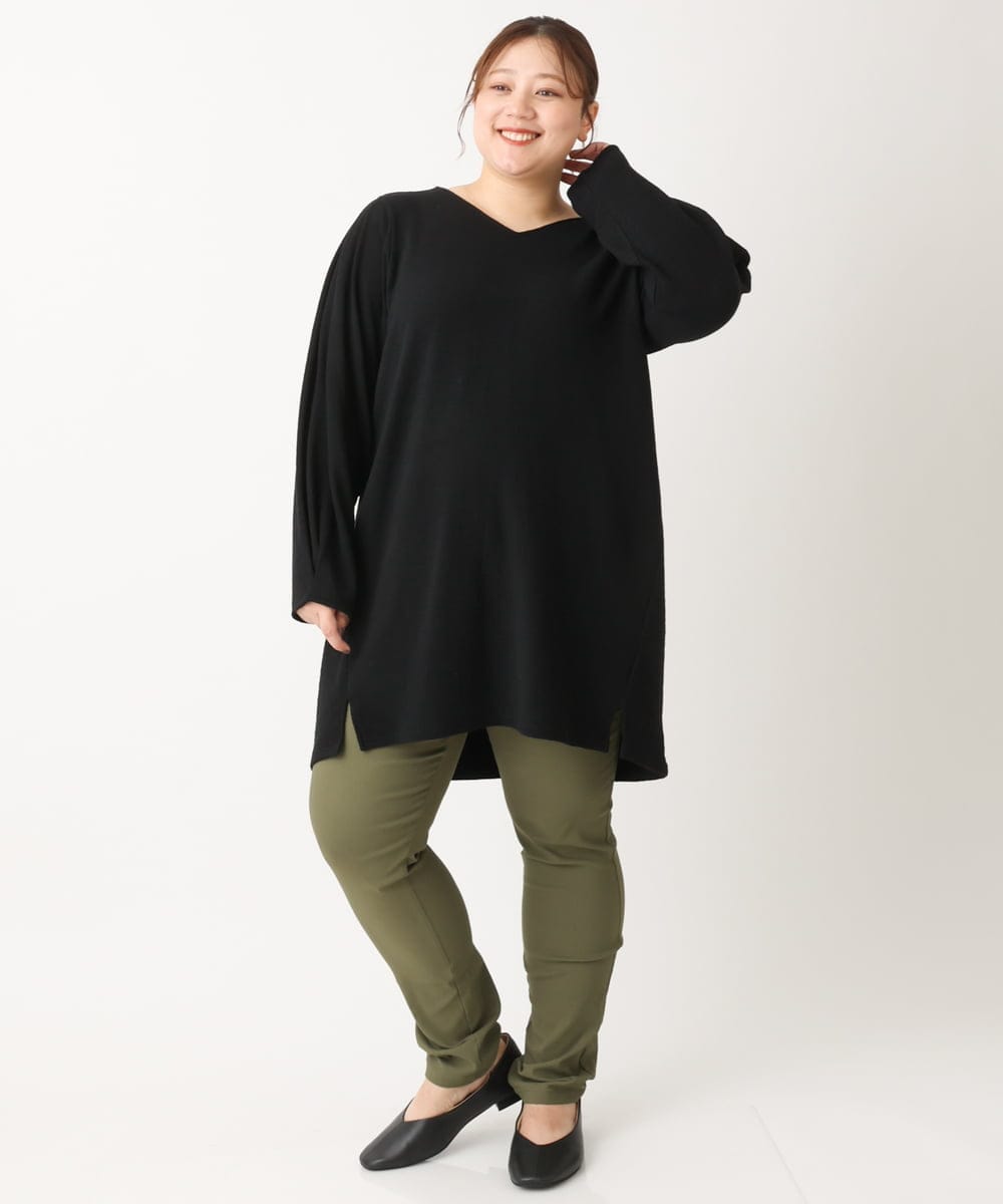 OLELS08079 eur3(エウルキューブ) 【大きいサイズ】Vネックジャージーチュニック ブラック(94)