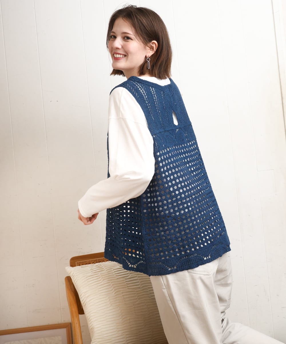 OLFDD06089 eur3(エウルキューブ) 【大きいサイズ】かぎ針風レースベスト ブルー