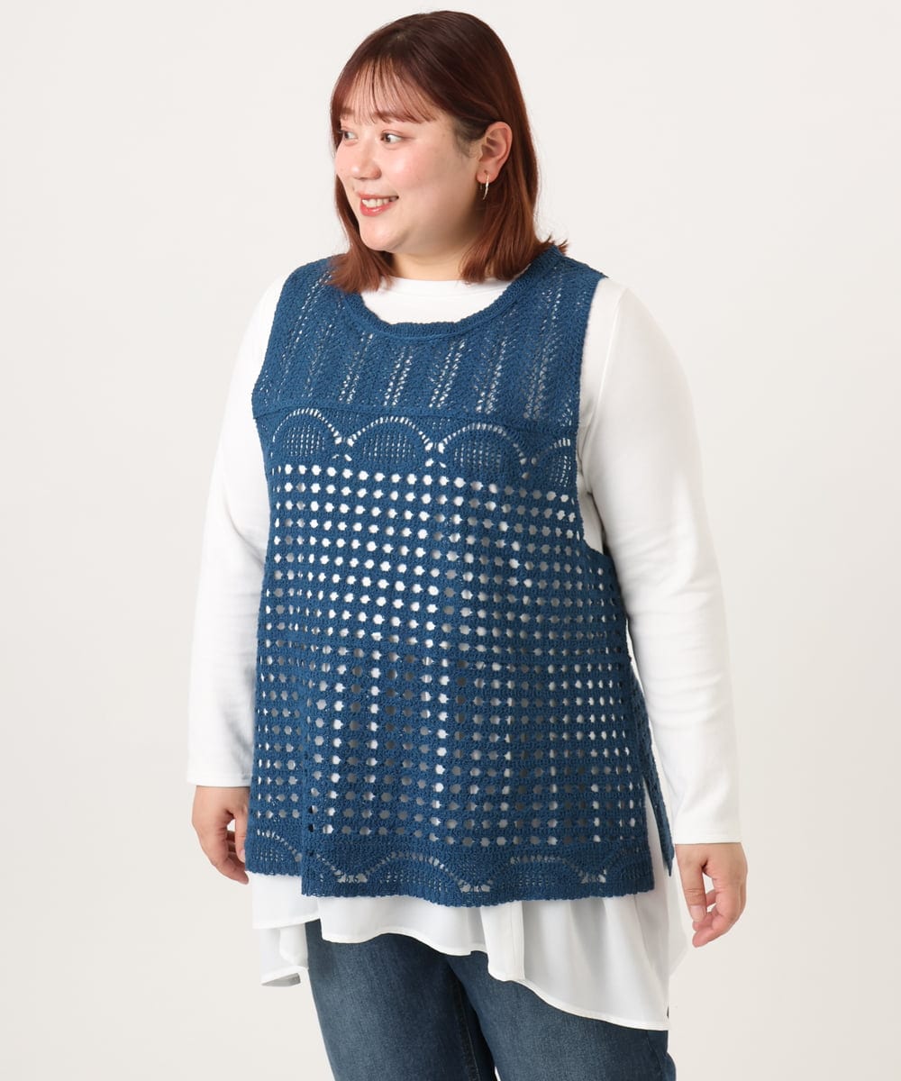 OLFDD06089 eur3(エウルキューブ) 【大きいサイズ】かぎ針風レースベスト ブルー