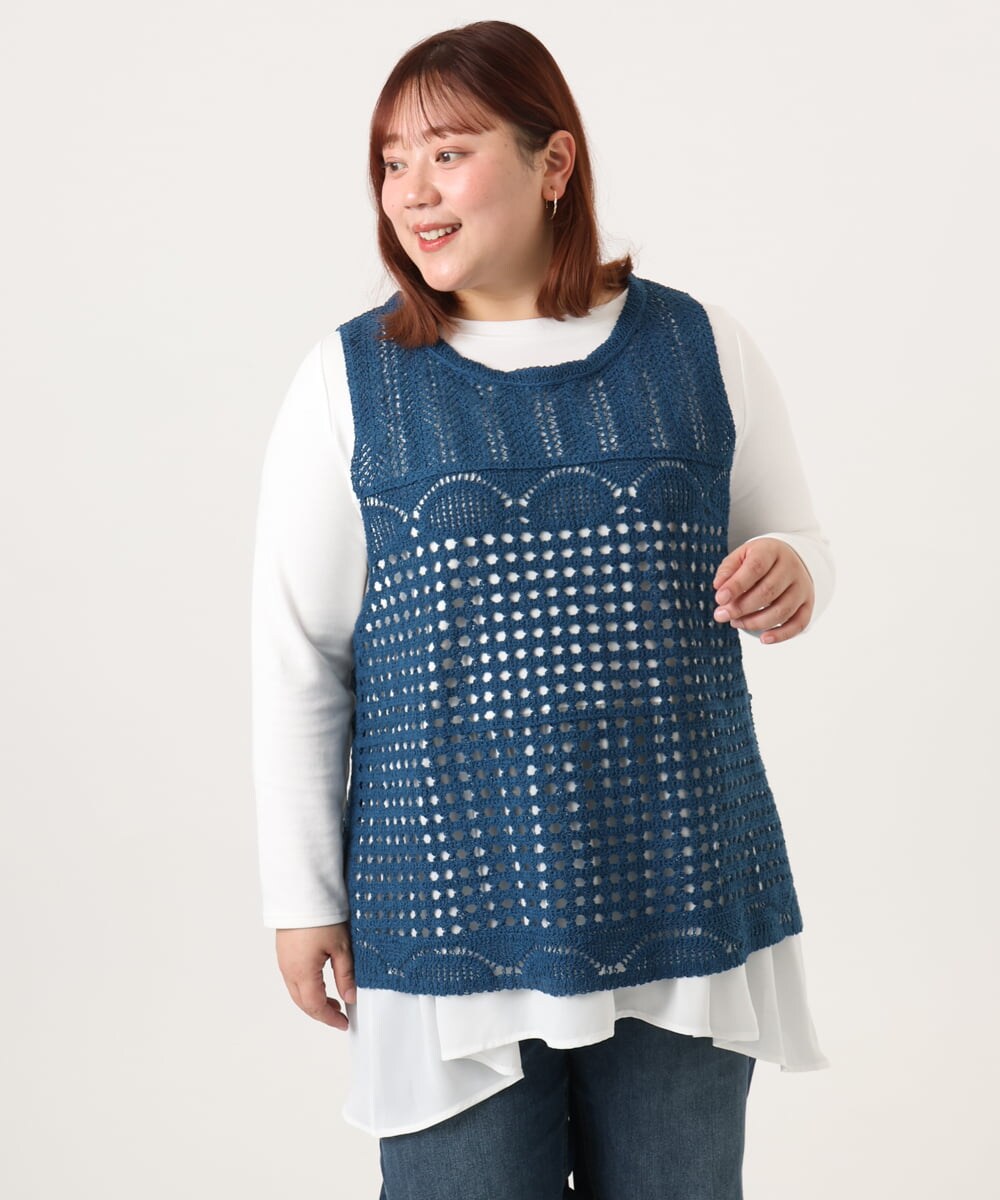 OLFDD06089 eur3(エウルキューブ) 【大きいサイズ】かぎ針風レースベスト ブルー