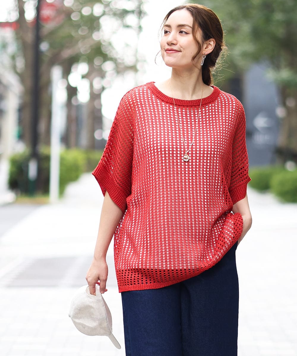 OLFGA08079 eur3(エウルキューブ) 【大きいサイズ/a.v.v×eur3】ラメメッシュニットプルオーバー オレンジ(15)