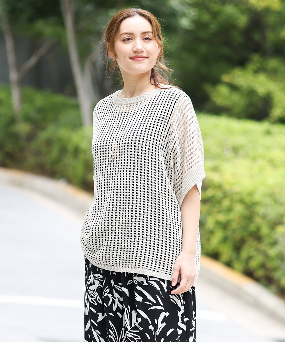 OLFGA08079 eur3(エウルキューブ) 【大きいサイズ/a.v.v×eur3】ラメメッシュニットプルオーバー ベージュ(82)
