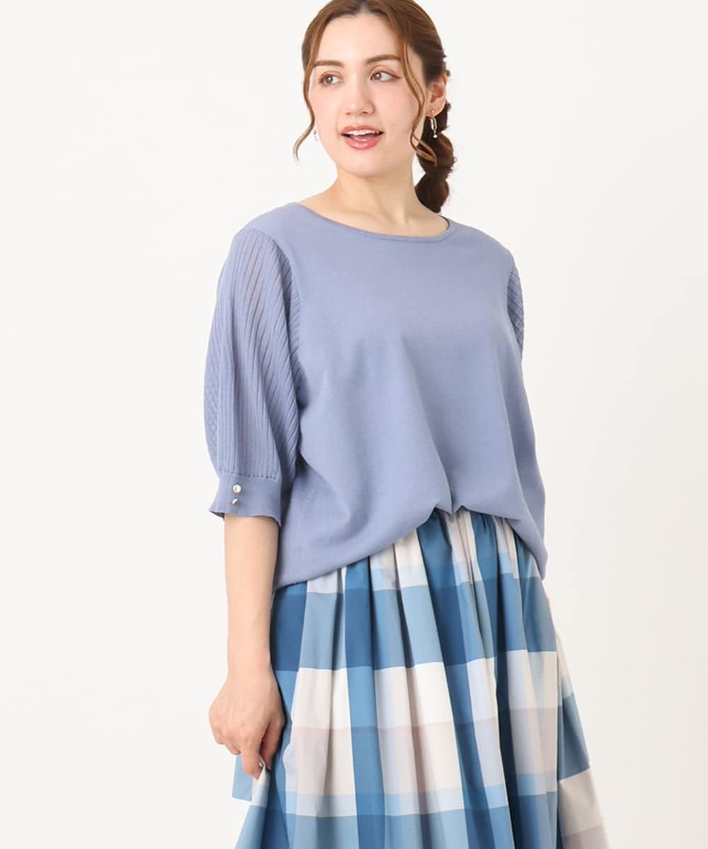 OLFIA04079 eur3(エウルキューブ) 【大きいサイズ/a.v.v×eur3】プリーツスリーブサマーニット ライトブルー(50)