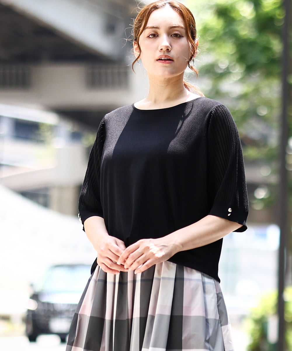 OLFIA04079 eur3(エウルキューブ) 【大きいサイズ/a.v.v×eur3】プリーツスリーブサマーニット ブラック(94)