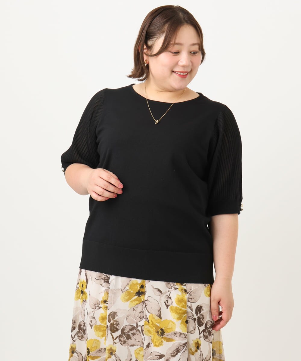 OLFIA04079 eur3(エウルキューブ) 【大きいサイズ/a.v.v×eur3】プリーツスリーブサマーニット ブラック(94)