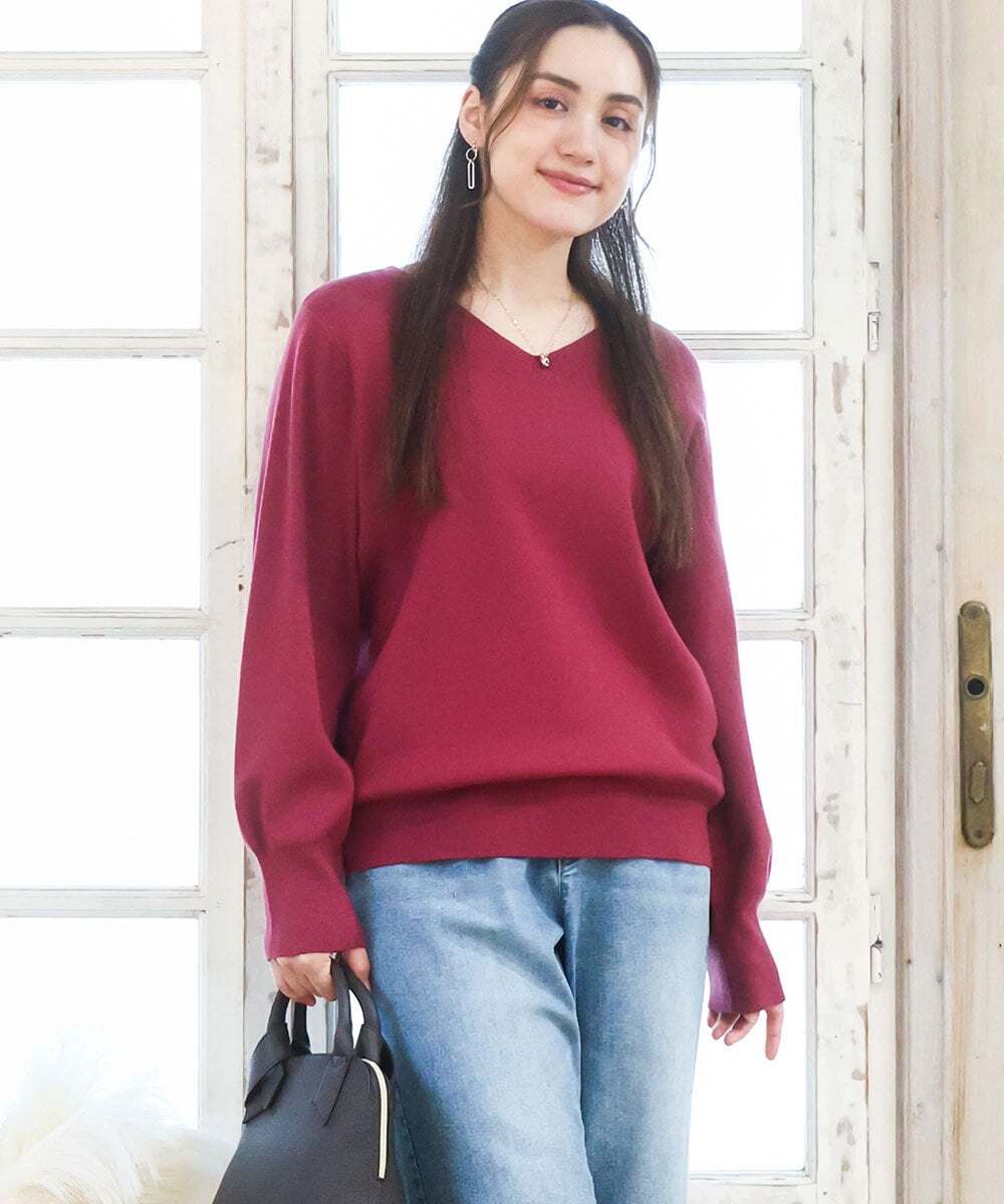 OLFLA03054 eur3(エウルキューブ) 【大きいサイズ/新色追加】Vネックパフスリーブニット ピンク(03)