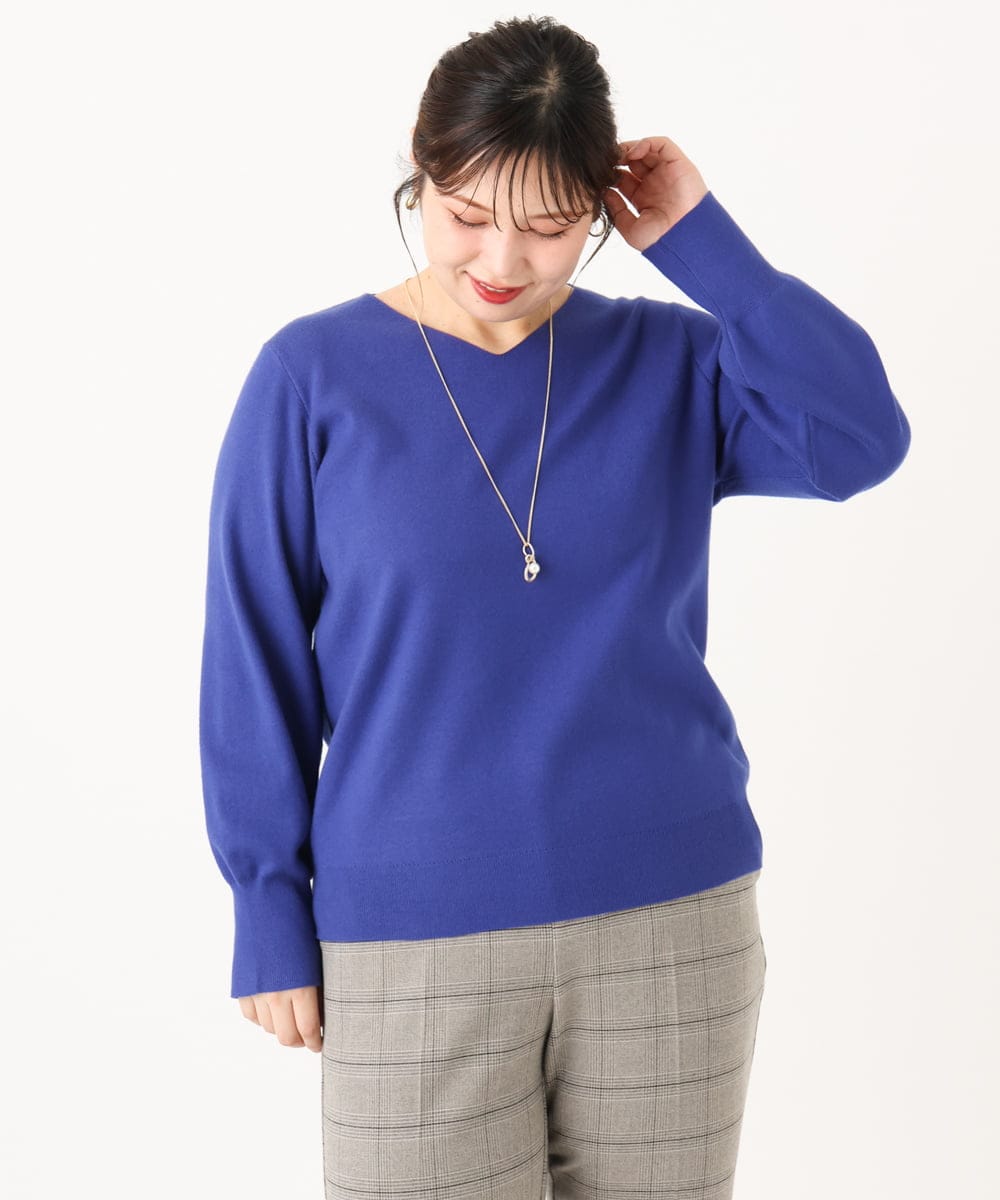 OLFLA03054 eur3(エウルキューブ) 【大きいサイズ/新色追加】Vネックパフスリーブニット ブルー(55)