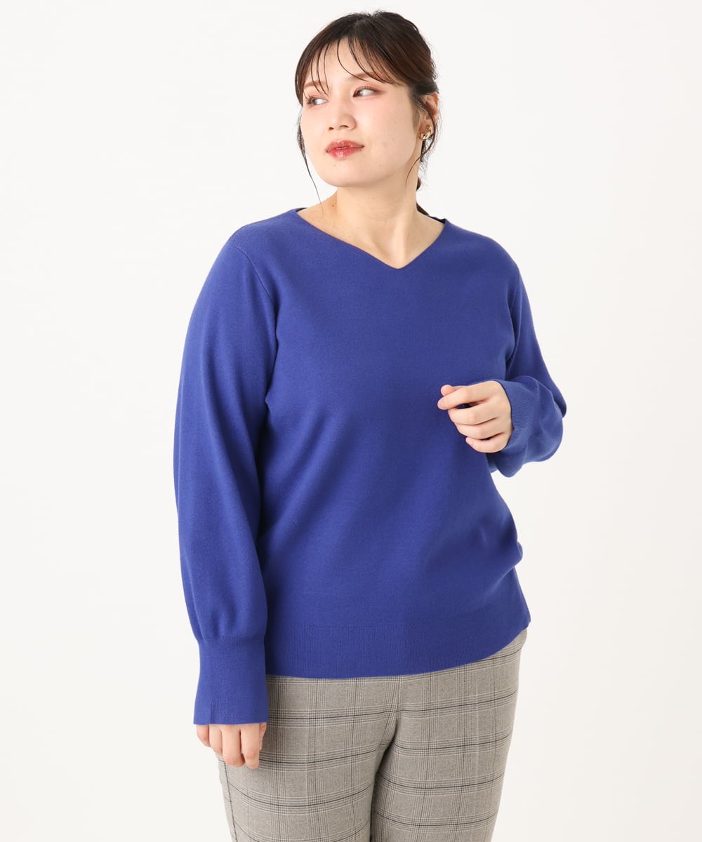OLFLA03054 eur3(エウルキューブ) 【大きいサイズ/新色追加】Vネックパフスリーブニット ブルー(55)