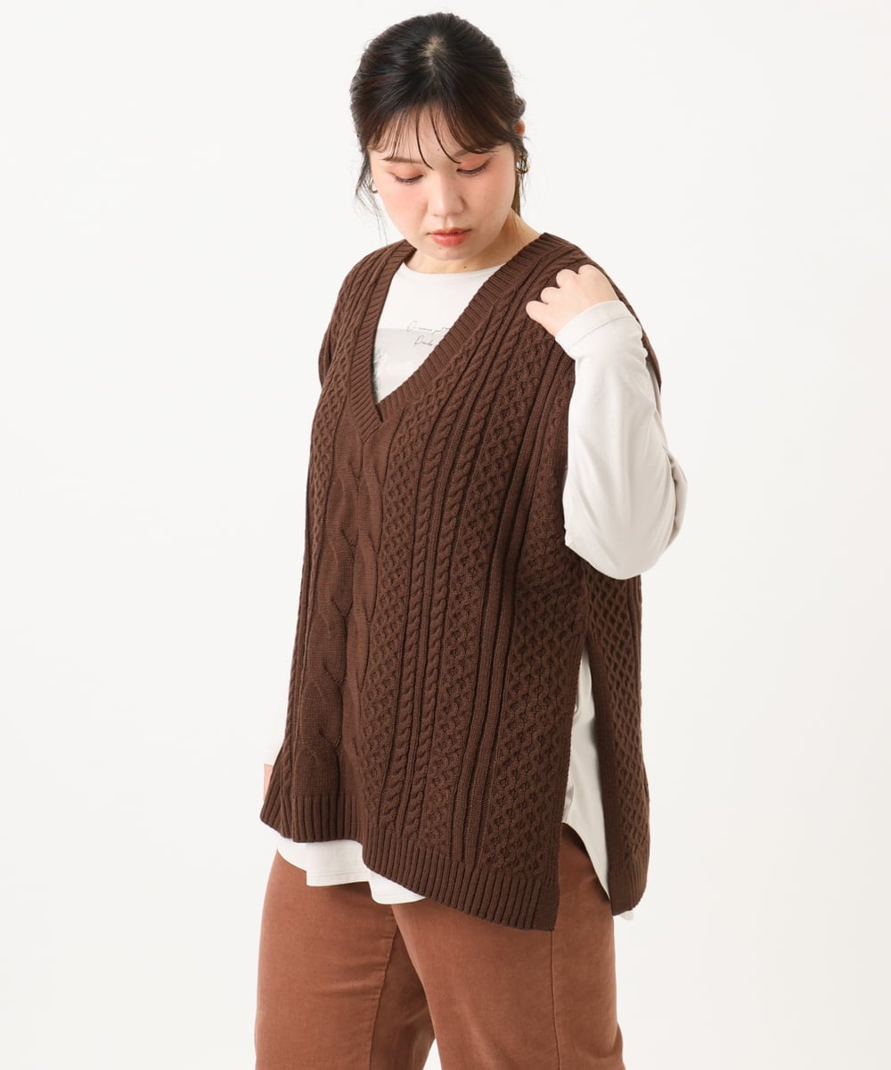 OLFLD06099 eur3(エウルキューブ) 【野呂佳代さん着用/大きいサイズ】ケーブルニットベスト ダークブラウン