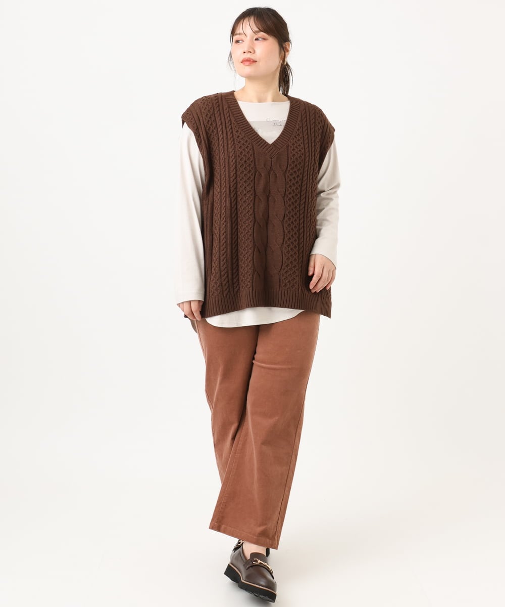 OLFLD06099 eur3(エウルキューブ) 【野呂佳代さん着用/大きいサイズ】ケーブルニットベスト ダークブラウン