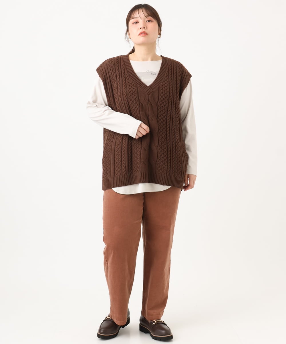 OLFLD06099 eur3(エウルキューブ) 【野呂佳代さん着用/大きいサイズ】ケーブルニットベスト ダークブラウン