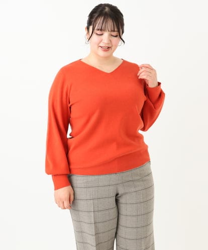 OLFLV12069  【大きいサイズ】Vネックパフスリーブニット