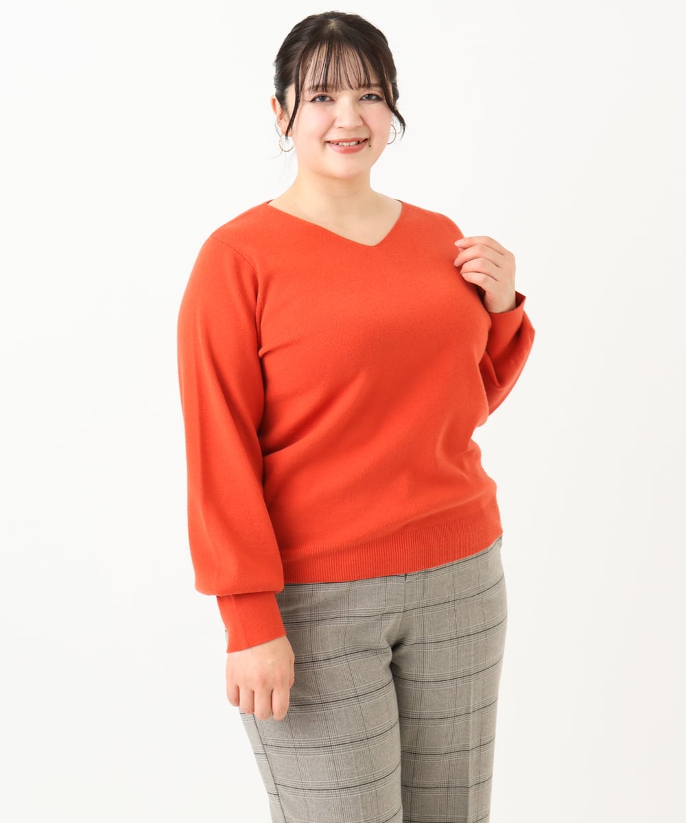 OLFLV12069 eur3(エウルキューブ) 【大きいサイズ】Vネックパフスリーブニット オレンジ(15)
