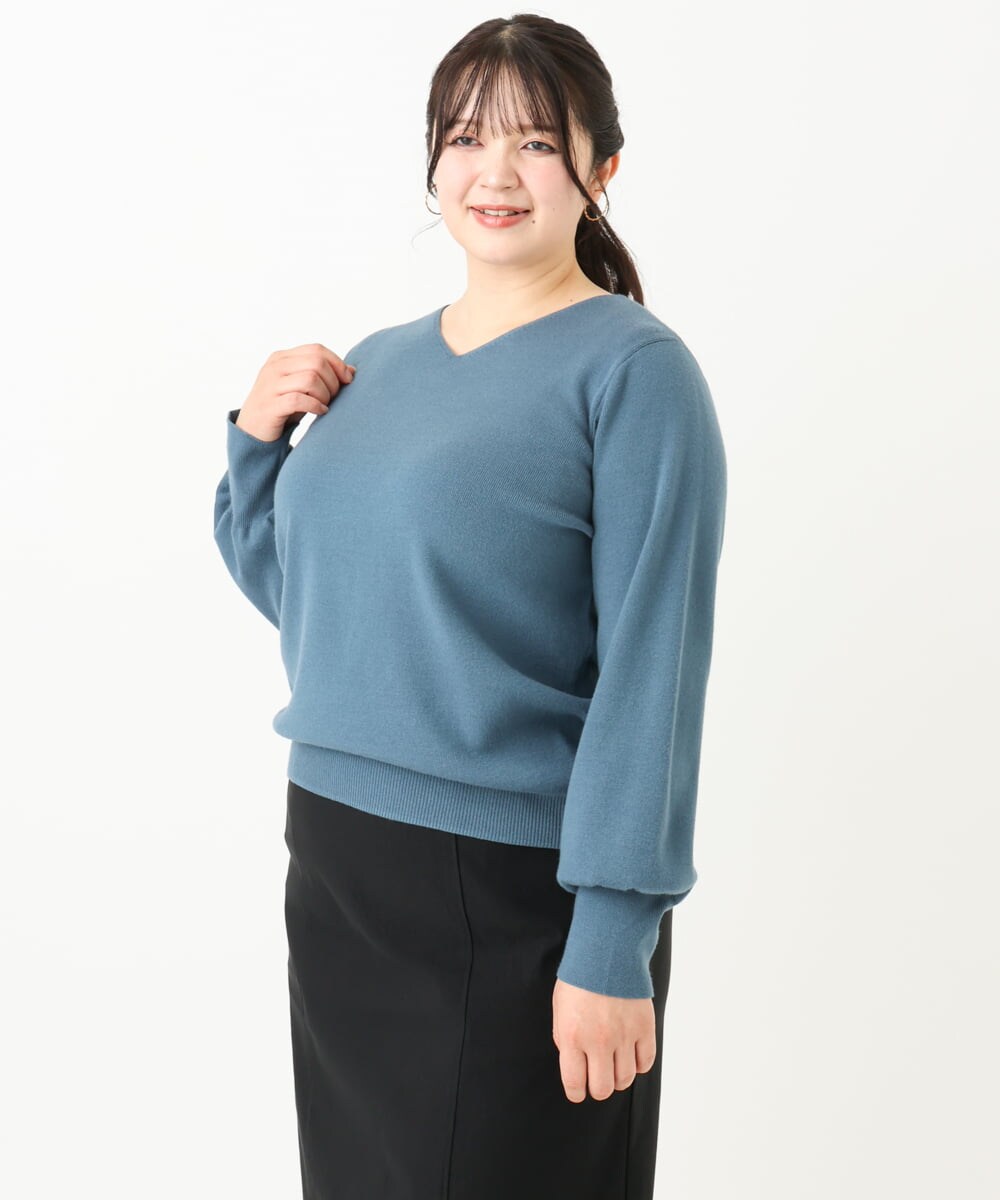 OLFLV12069 eur3(エウルキューブ) 【大きいサイズ】Vネックパフスリーブニット ブルー(55)