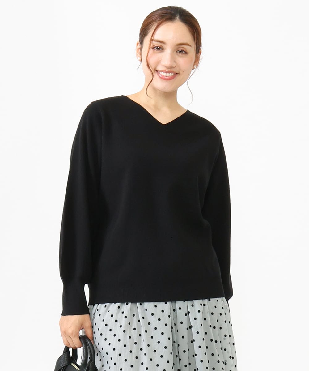 OLFLV12069 eur3(エウルキューブ) 【大きいサイズ】Vネックパフスリーブニット ブラック(94)