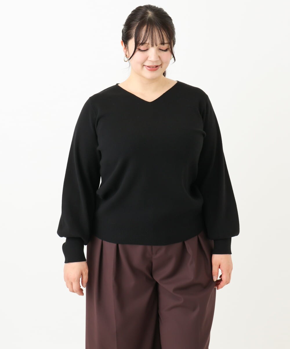 OLFLV12069 eur3(エウルキューブ) 【大きいサイズ】Vネックパフスリーブニット ブラック(94)