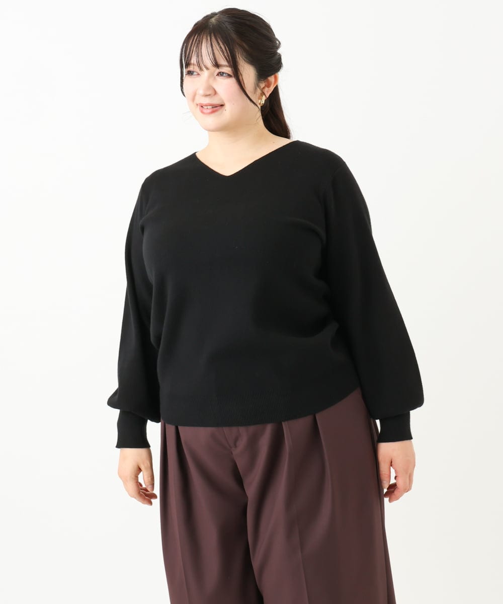 OLFLV12069 eur3(エウルキューブ) 【大きいサイズ】Vネックパフスリーブニット ブラック(94)