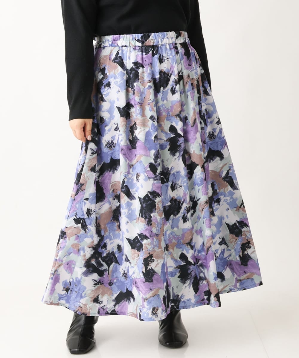 OLHAV15129 eur3(エウルキューブ) 【大きいサイズ】ペイントフラワープリントスカート ネイビー(57)